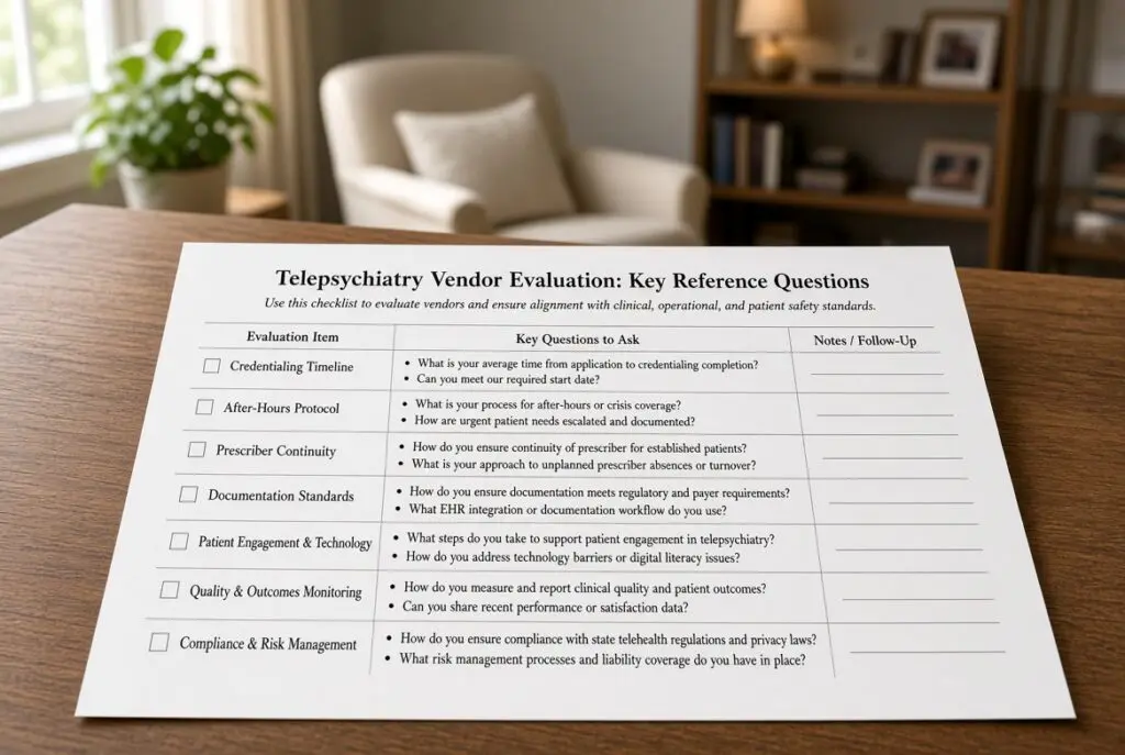 Printed checklist of key reference questions for evaluating telepsychiatry consultation service providers serving residential treatment facilities.
