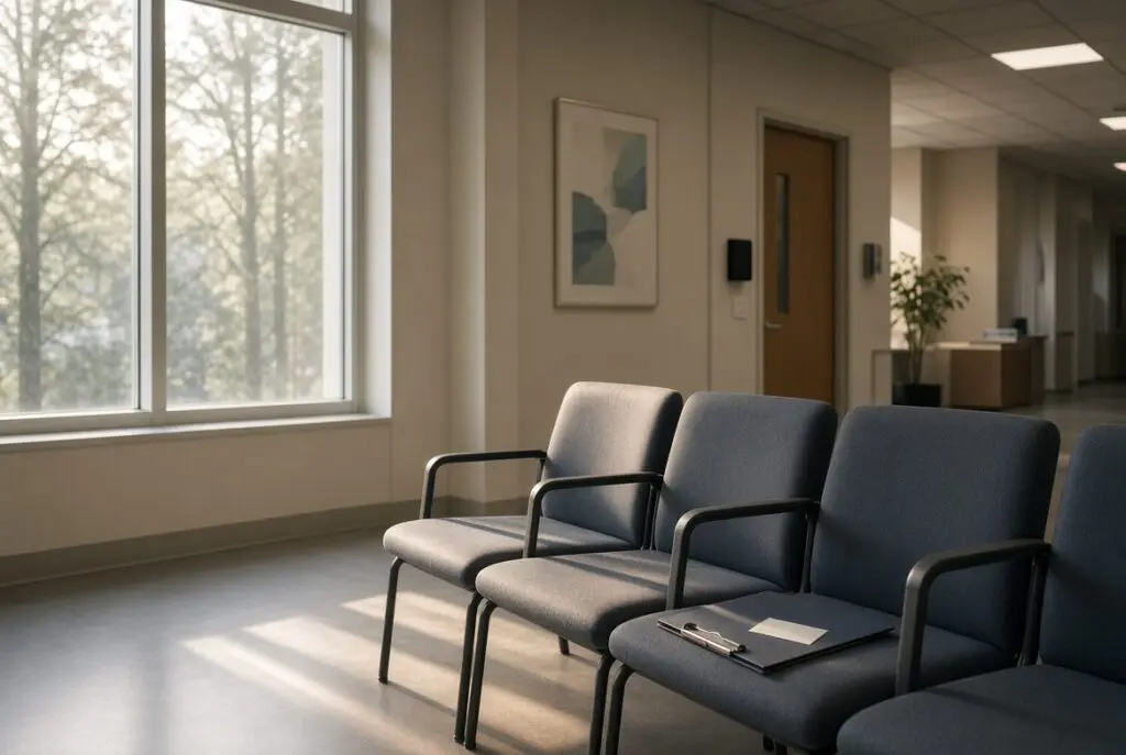Empty clinic waiting room with a clipboard and an unclaimed appointment card left on a chair.