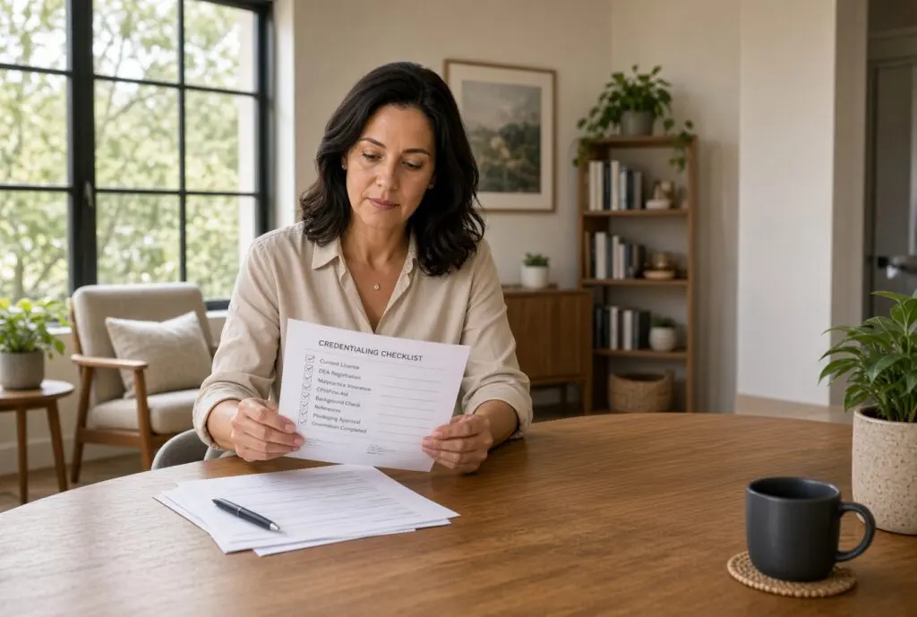 Residential treatment facility director reviewing a credentialing checklist and session schedule while evaluating telepsychiatry consultation service reviews