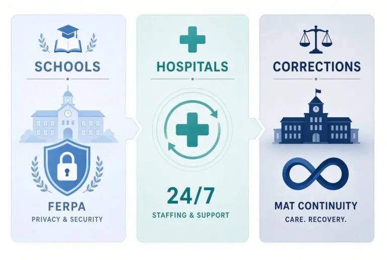 Abstract comparison of virtual medication management requirements for schools, hospitals, and correctional facilities, highlighting FERPA privacy, 24/7 staffing, and MAT continuity.