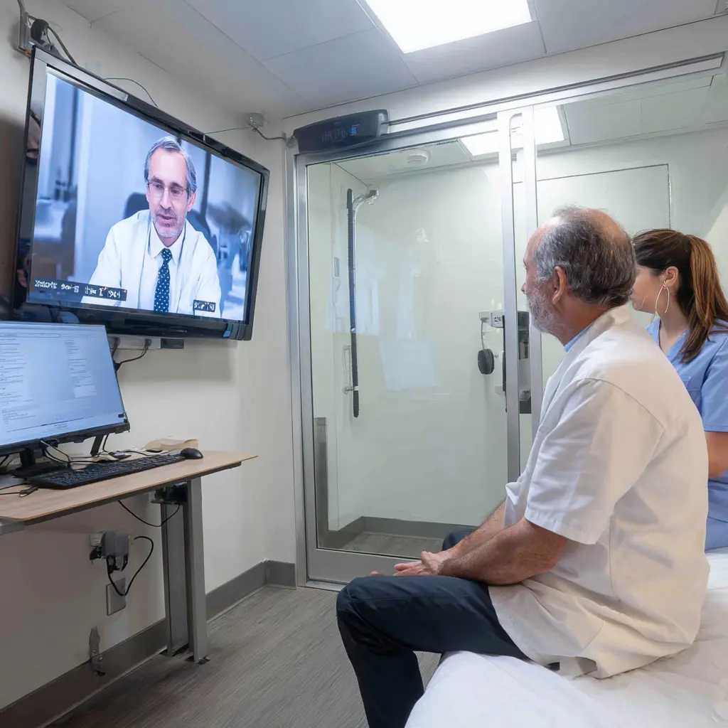 Patient speaking to a dual-licensed health care provider via telepsychiatry network