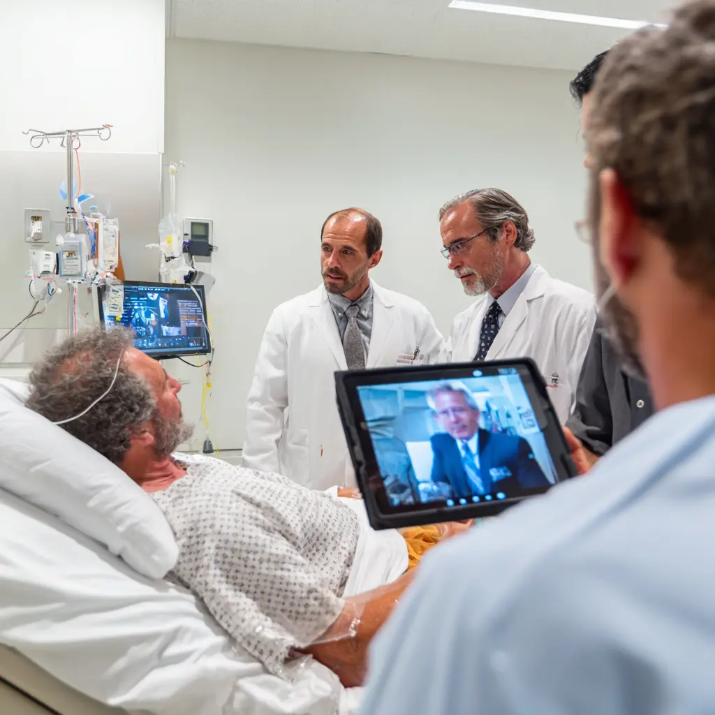 Patient surrounded medical and virtual providers as part of remote rounding services