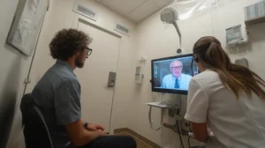 Patient in video call with doctor.