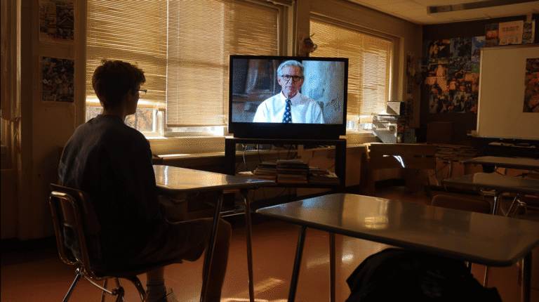 A student in a classroom is looking at a doctor on tv