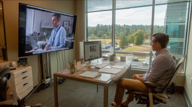 A man speaking in a rural office with a doctor