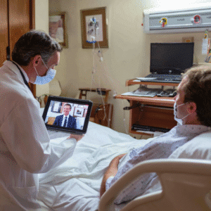 A doctor is on a video call with the tablet next to the patient.