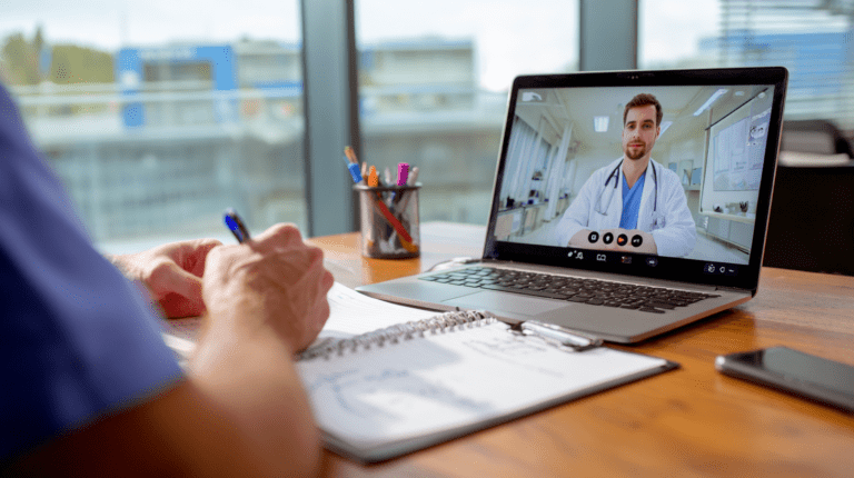 A doctor is on a video call on a laptop.