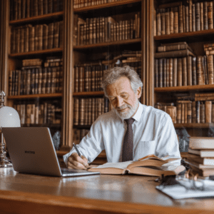 A man is sitting at a desk looking at a book and laptop.