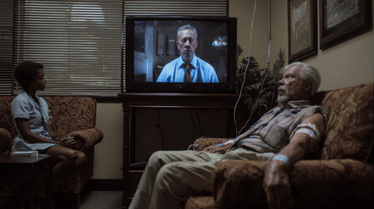 An old man is watching a doctor on television.
