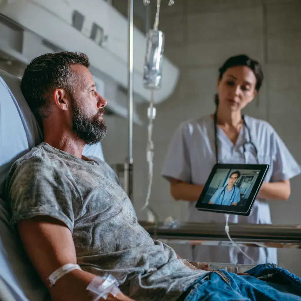 A healthcare professional facilitating medication-assisted treatment service in a hospital setting.
