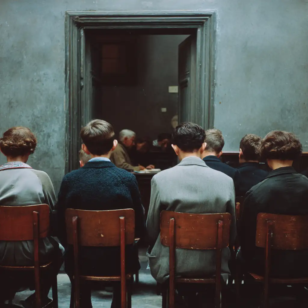 Students sitting in desks in fornt of door