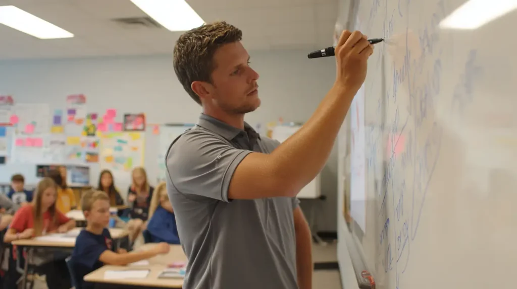 A teacher writing on a white board.